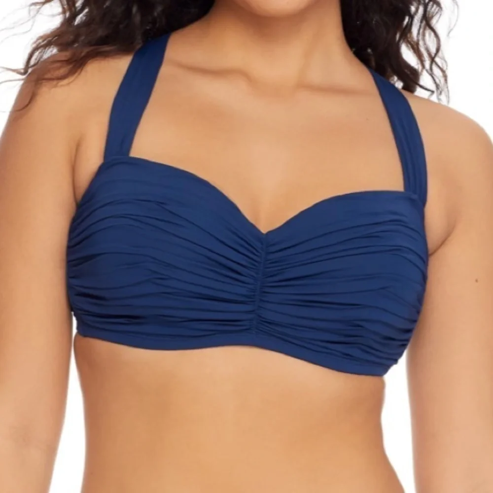 NWT Bleu Rod Beattie Shirred Adjustable Halter Bikini Top In Navy Blue